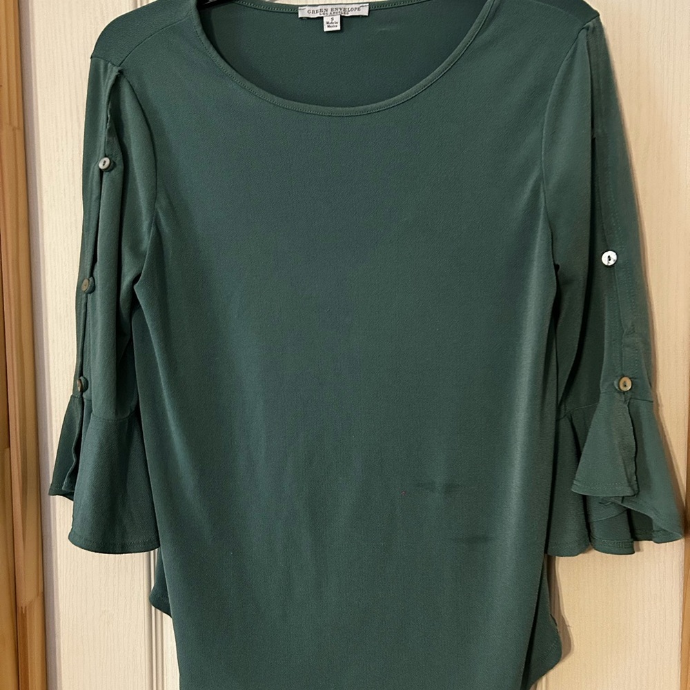 Green Envelope Green Bell Sleeve Ruffled Blouse